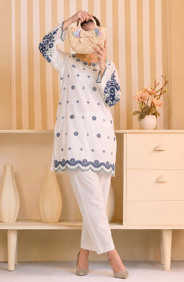 Mulaqaat Embroidered Cotton Stitched 2 Piece Co-Ord Set - MEC-12 - MULQ26 - White - Summer Collection
