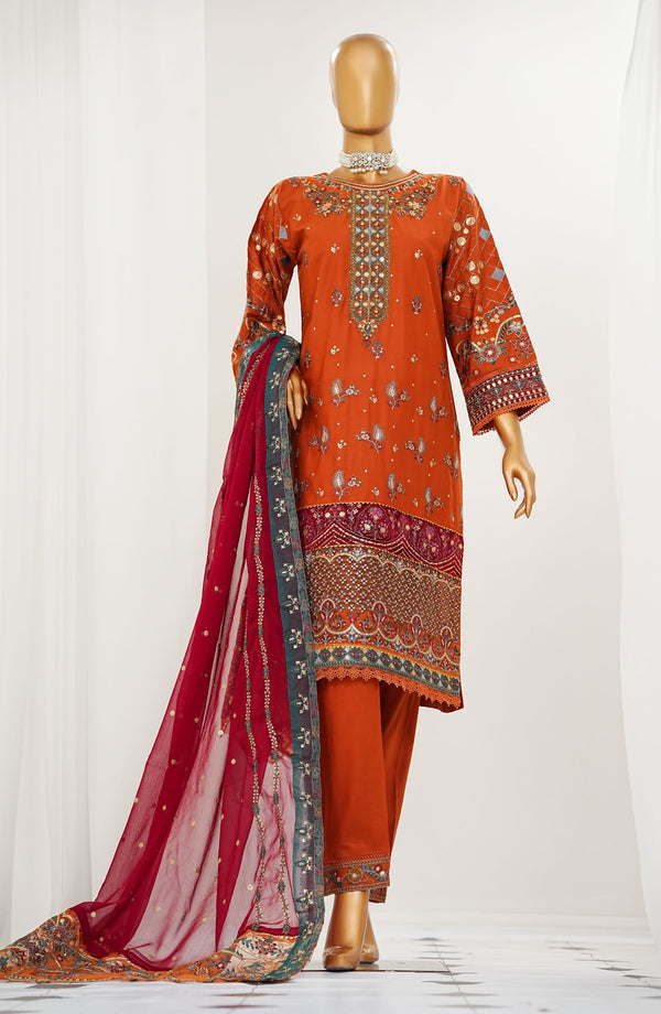 Durnaz by Amna Khadija Embroidered Jacquard Lawn Stitched 3 Piece Suit - AM25DRN - BR CH 06 - Orange - Festive Collection