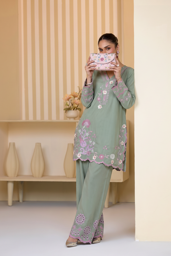 Mulaqaat Embroidered Cotton Stitched 2 Piece Co-Ord Set - MEC-10 - MULQ26 - Pista Green - Summer Collection