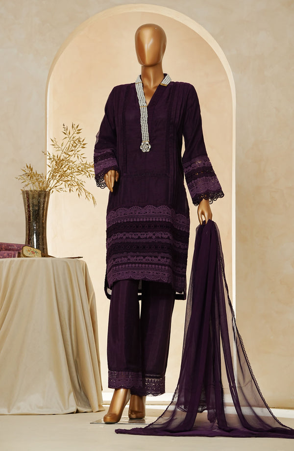 Nyra by Amna Khadija Embroidered Khaddi Net Stitched 3 Piece Suit - D - 02 - Purple