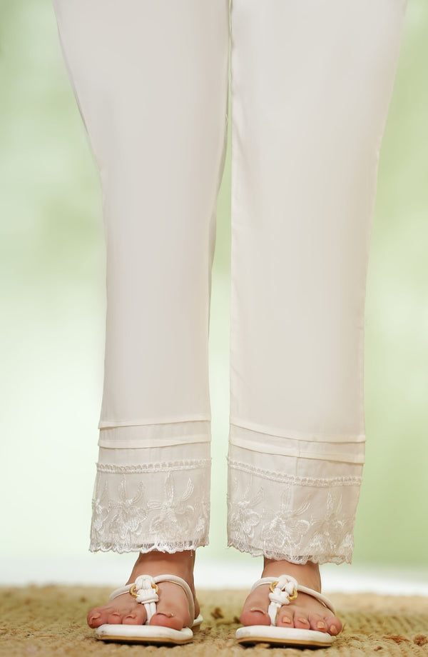 Amna Khadija Fine Cotton Stretchable Trouser - D - 02 - White