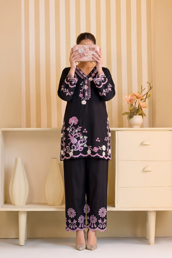 Mulaqaat Embroidered Cotton Stitched 2 Piece Co-Ord Set - MEC-11 - MULQ26 - Black - Summer Collection