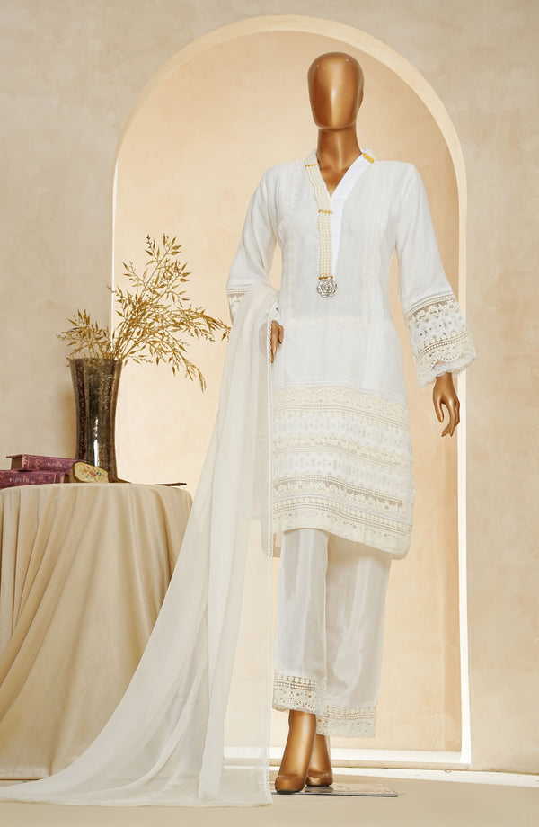 Nyra by Amna Khadija Embroidered Khaddi Net Stitched 3 Piece Suit - D - 03 - White