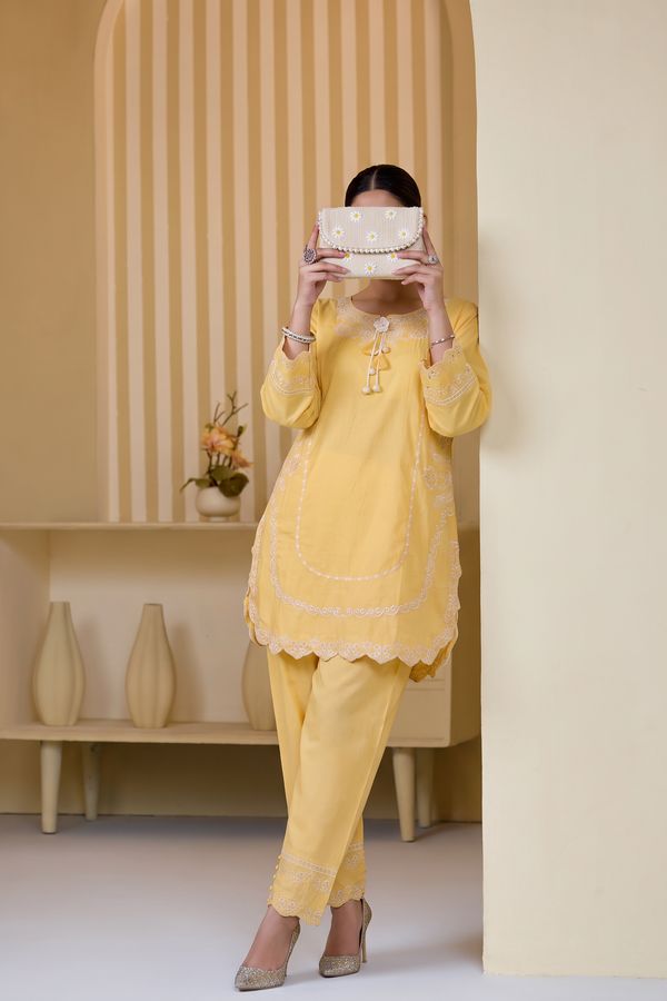 Mulaqaat Embroidered Cotton Stitched 2 Piece Co-Ord Set - MEC-13 - MULQ26 - Yellow - Summer Collection