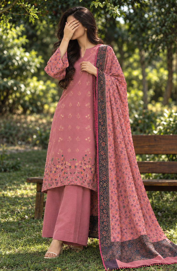 Aveline Winter Dyed Wool Printed Unstitched 3 Piece Suit - AKAW-04 - AM26AWE - Pink - Winter Collection