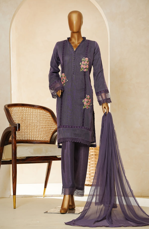 Nyra by Amna Khadija Embroidered Khaddi Net Stitched 3 Piece Suit - D - 05 - Purple