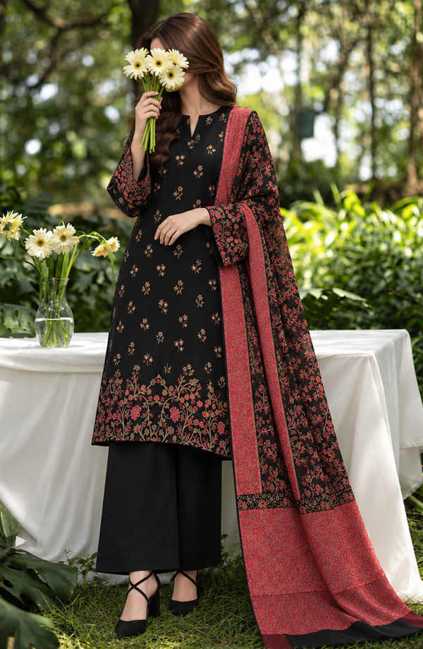 Aveline Winter Dyed Wool Printed Unstitched 3 Piece Suit - AKAW-05 - AM26AWE - Black - Winter Collection
