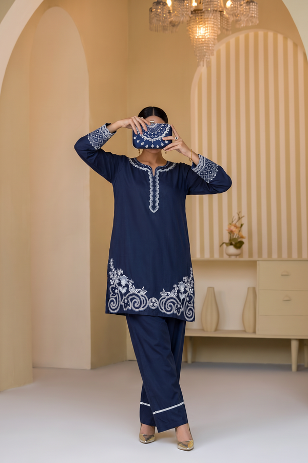 Mulaqaat Embroidered Cotton Stitched 2 Piece Co-Ord Set - MEC-14 - MULQ26 - Navy Blue - Summer Collection