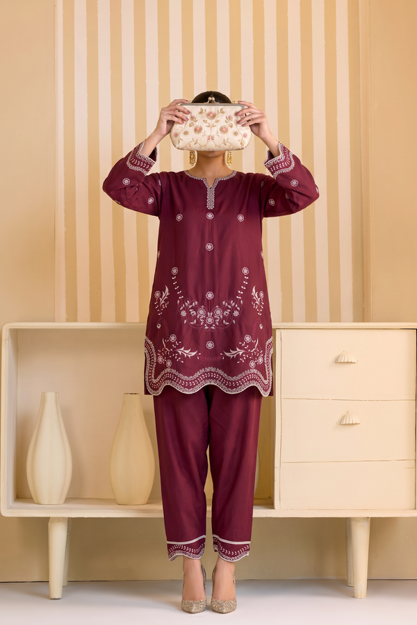 Mulaqaat Embroidered Cotton Stitched 2 Piece Co-Ord Set - MEC-15 - MULQ26 - Red - Summer Collection