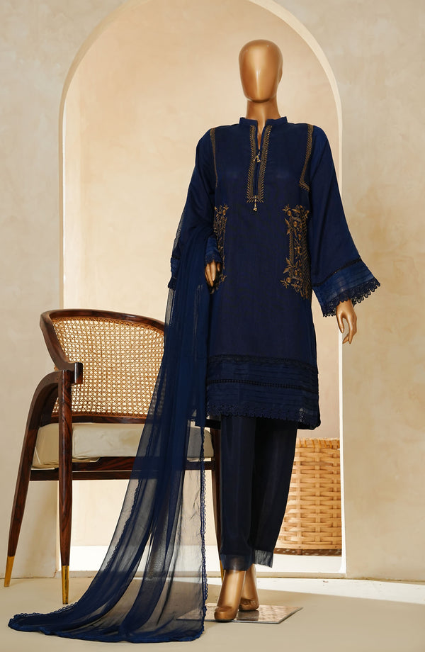 Nyra by Amna Khadija Embroidered Khaddi Net Stitched 3 Piece Suit - D - 07 - Blue