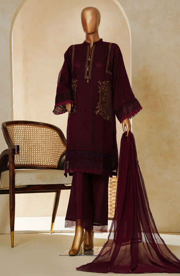 Nyra by Amna Khadija Embroidered Khaddi Net Stitched 3 Piece Suit - D - 08 - Maroon