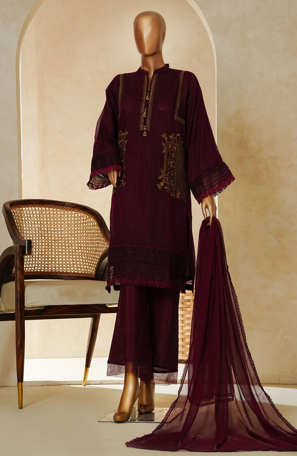 Nyra by Amna Khadija Embroidered Khaddi Net Stitched 3 Piece Suit - AM25NRA - DA BA 08-B - Maroon - Festive Collection