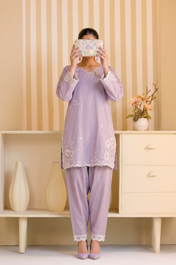 Mulaqaat Embroidered Cotton Stitched 2 Piece Co-Ord Set - MEC-17 - MULQ26 - Light Purple - Summer Collection
