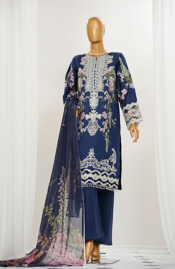 Durnaz by Amna Khadija Embroidered Jacquard Lawn Stitched 3 Piece Suit - D - 12 - Dark Blue