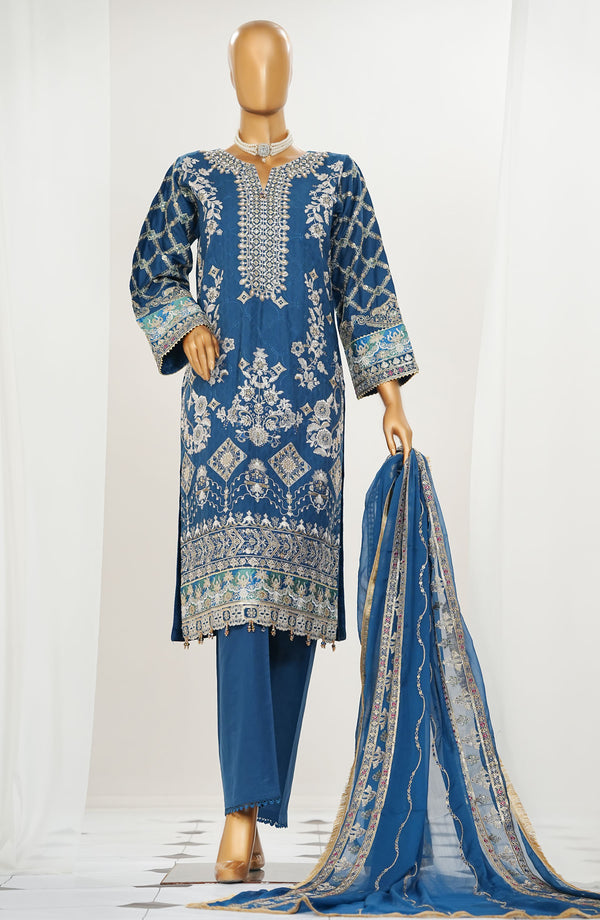 Durnaz by Amna Khadija Embroidered Jacquard Lawn Stitched 3 Piece Suit - D - 16 - Blue
