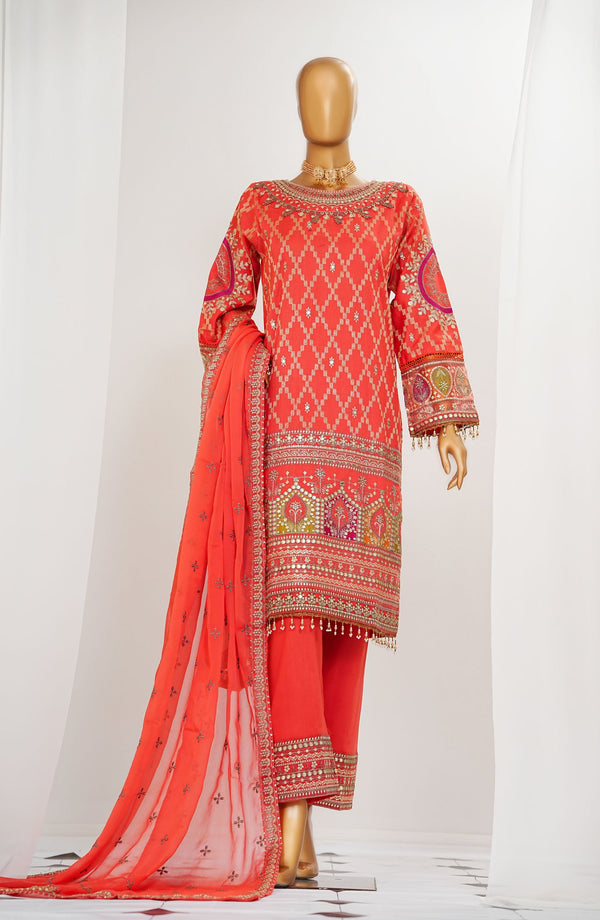 Durnaz by Amna Khadija Embroidered Jacquard Lawn Stitched 3 Piece Suit - AM25DRN - QA 01 - Orange - Festive Collection