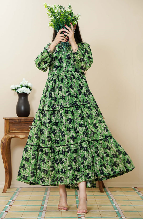 Quadra Floral X Long Dress Lawn 1 Piece Green D-01