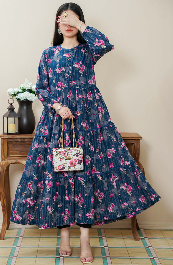 Quadra Floral X Long Dress Lawn 1 Piece Blue D-02