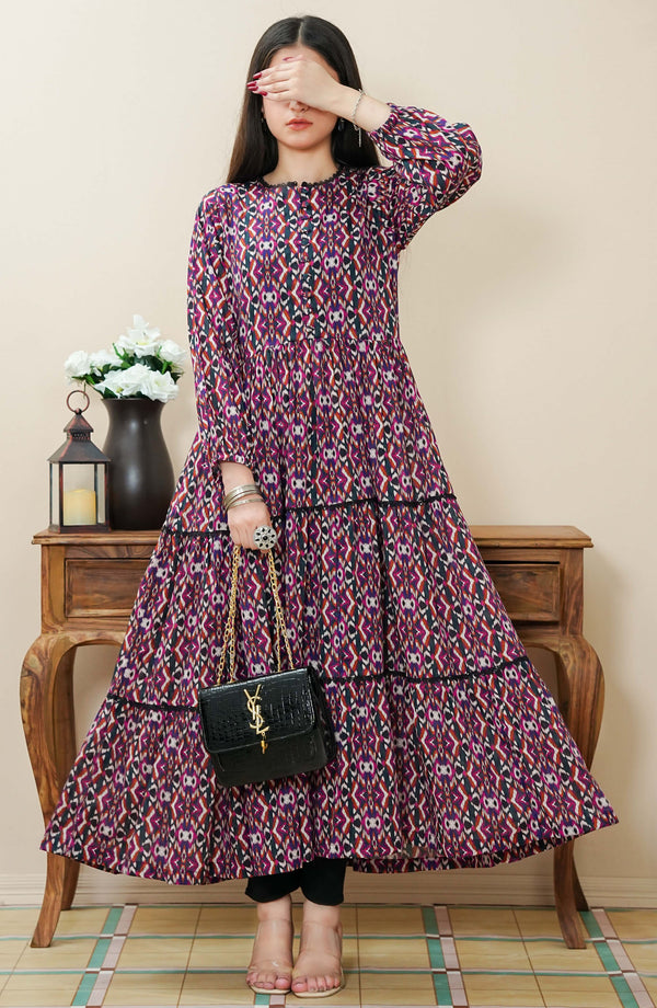 Quadra Floral X Long Dress Lawn 1 Piece Purple D-03