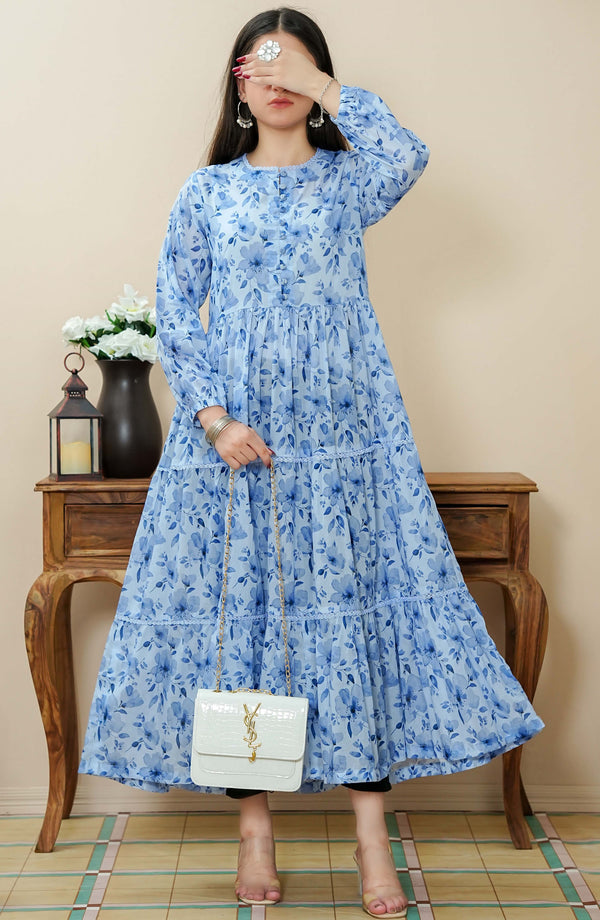 Quadra Floral X Long Dress Lawn 1 Piece Sky Blue D-05