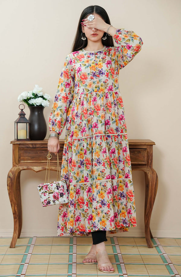 Quadra Floral X Long Dress Lawn 1 Piece White D-06