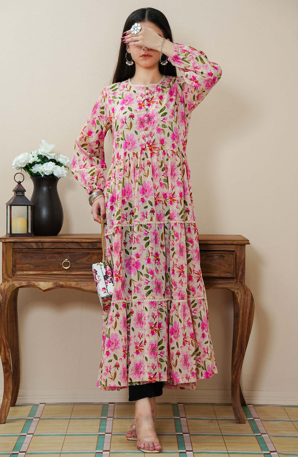 Quadra Floral X Long Dress Lawn 1 Piece Pink D-07