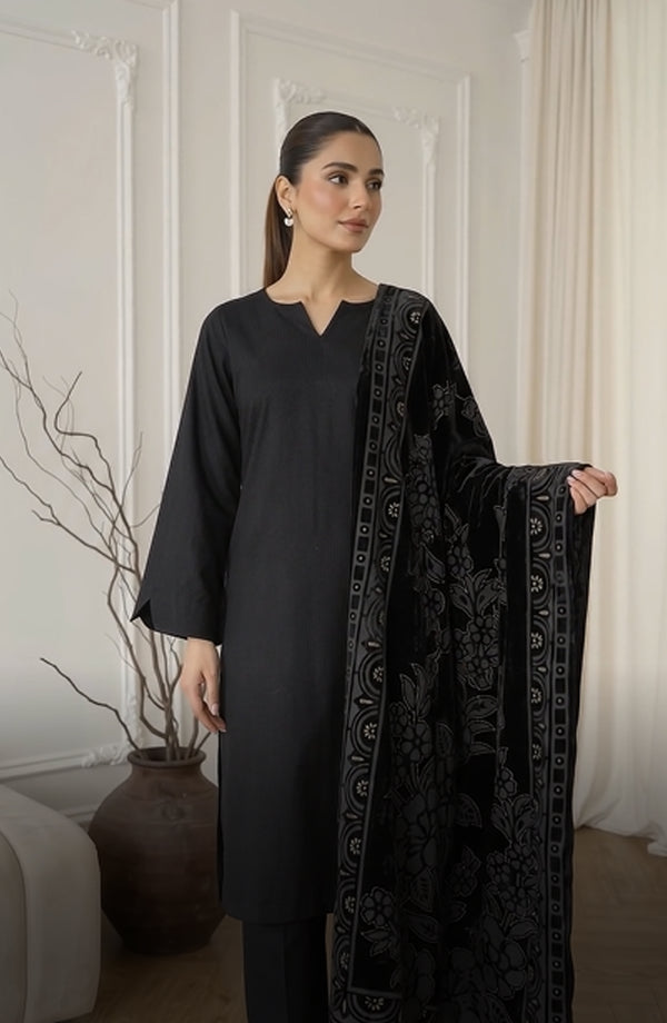 Calira Fancy Dhanak Jacquard Unstitched 3 Piece Suit - AKC-01 - AM26CLR - Black - Winter Collection