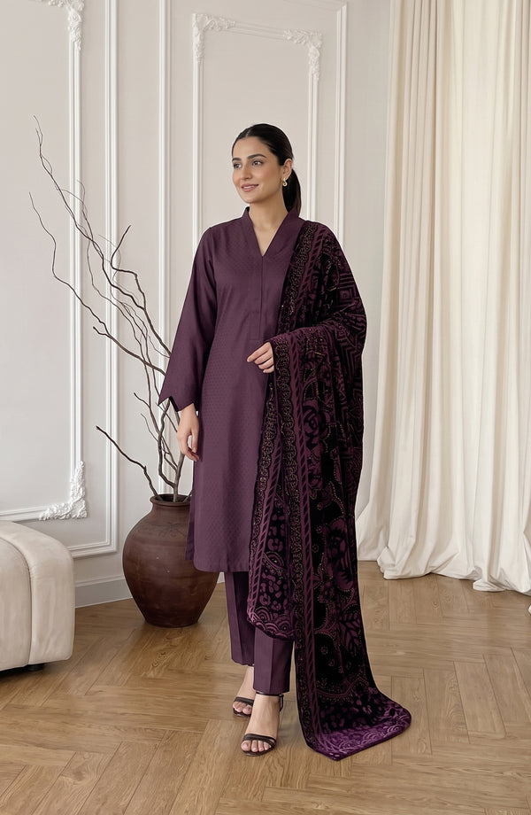 Calira Fancy Dhanak Jacquard Unstitched 3 Piece Suit - AKC-02 - AM26CLR - Purple - Winter Collection