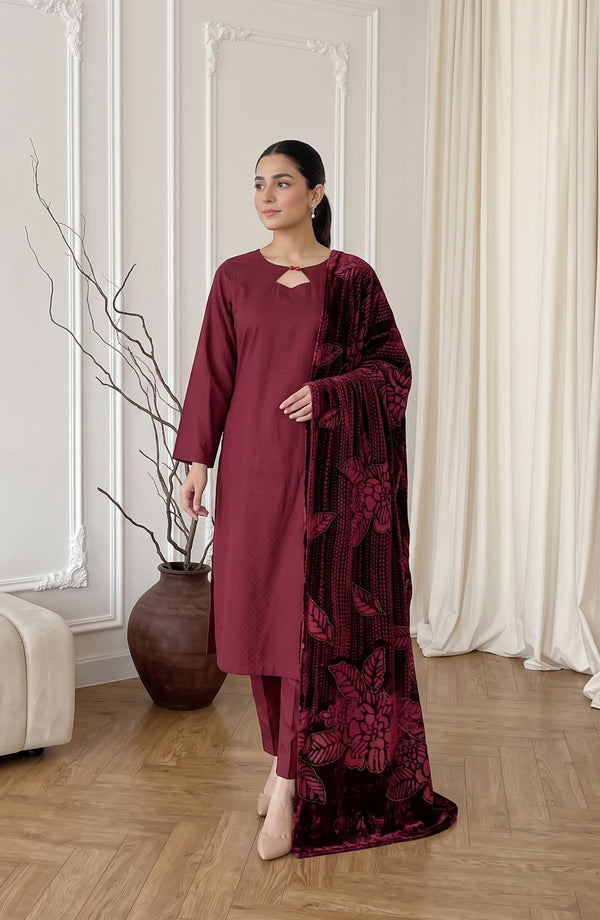 Calira Fancy Dhanak Jacquard Unstitched 3 Piece Suit - AKC-04 - AM26CLR - Maroon - Winter Collection