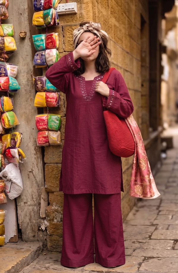 Twinkle Cotton Stitched 2 Piece Co-ord Set - AKTK-08 - AM26TWL - Red - Winter Collection