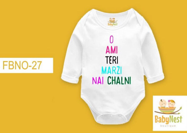 Rompers By Baby Nest AMI TERI MARZI NAI CHALNI – (White) RBT FBNO-26-Full Sleeves Onesie