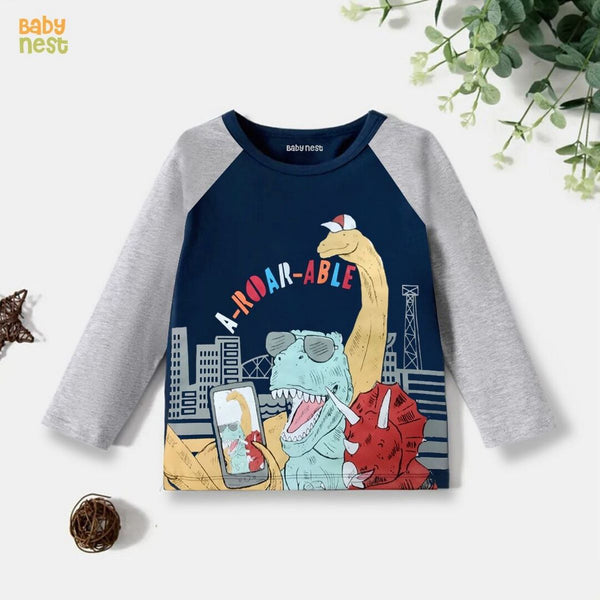 Baby Nest T-Shirts For Kids A Roar Graphic Full Sleeves T-Shirt for kids - Blue & Grey