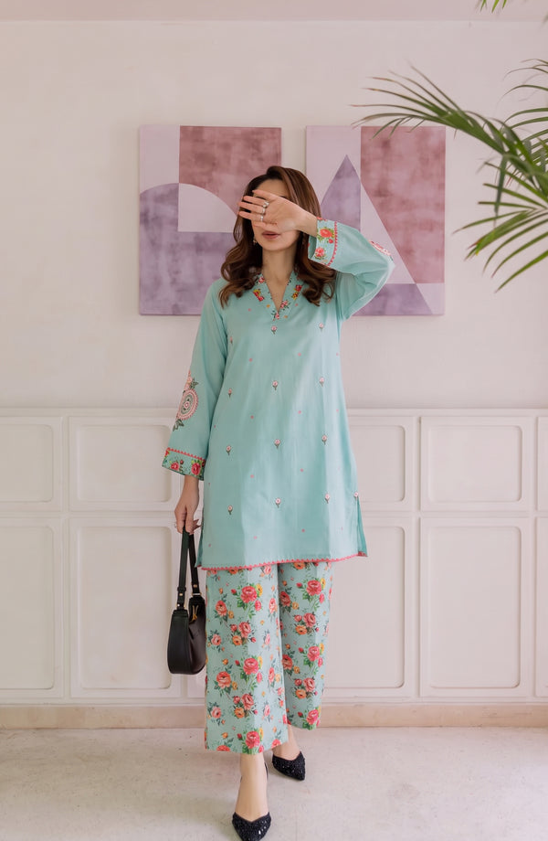 Afsana Basics Embroidered Lawn Stitched 2 Piece Co-ord Set - AB-06 - FSNA26 - Blue - Summer Collection