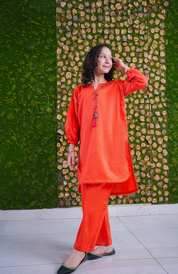 Aloo-Meeru-Hammi by Amna Khadija Embroidered Cotton Stitched 2 Piece Suit - AKPAMH-05 - AKP26AKAMH - Orange - Festive Girls Collection