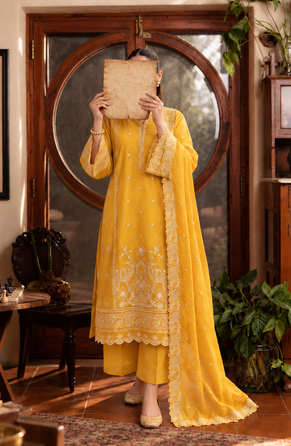 Noor-e-Nawab Lucknowi Embroidered Cotton Stitched 3 Piece Suit - AKNNL-01 - AM26LKH - Yellow - Winter Collection
