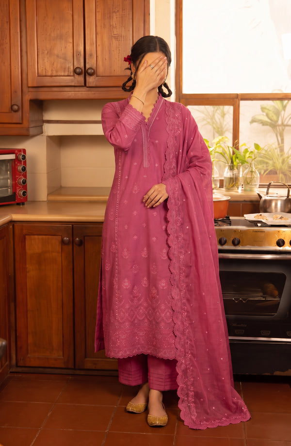 Noor-e-Nawab Lucknowi Embroidered Cotton Stitched 3 Piece Suit - AKNNL-02 - AM26LKH - Pink - Winter Collection