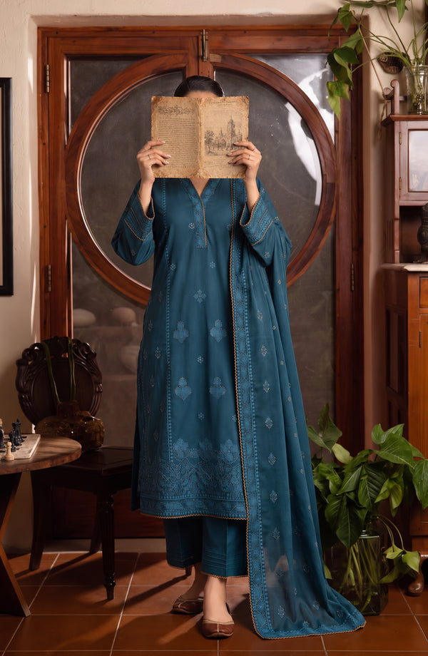 Noor-e-Nawab Lucknowi Embroidered Cotton Stitched 3 Piece Suit - AKNNL-03 - AM26LKH - Blue - Winter Collection