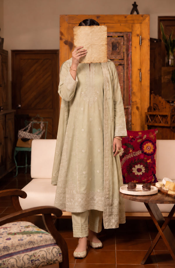 Noor-e-Nawab Lucknowi Embroidered Cotton Stitched 3 Piece Suit - AKNNL-04 - AM26LKH - Green - Winter Collection