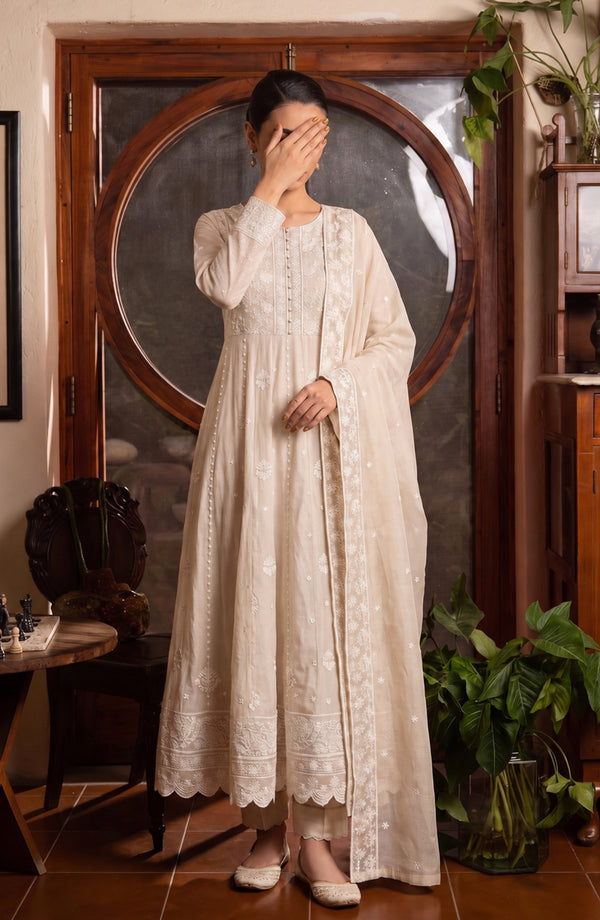 Noor-e-Nawab Lucknowi Embroidered Cotton Stitched 3 Piece Suit - AKNNL-06 - AM26LKH - Skin - Winter Collection
