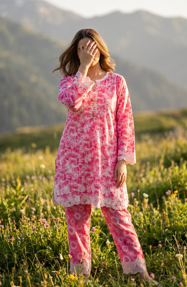 Amna Khadija Embroidered Chikankari Lawn Stitched 2 Piece Co ord Set - AKPSE-21 - AKP26ETRE - Pink - Summer Collection