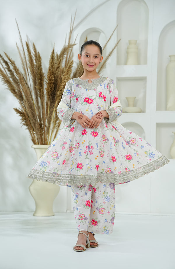 Amna Khadija Embroidered Lawn Stitched 3 Piece Suit - AKPEE-01 - AKP26AKEE - White - Girls Eid Edit