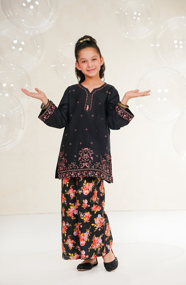 Amna Khadija Guriya Embroidered Cotton Stitched 2 Piece Suit - AKG-02 - AM25GRY - Black - Girls Collection