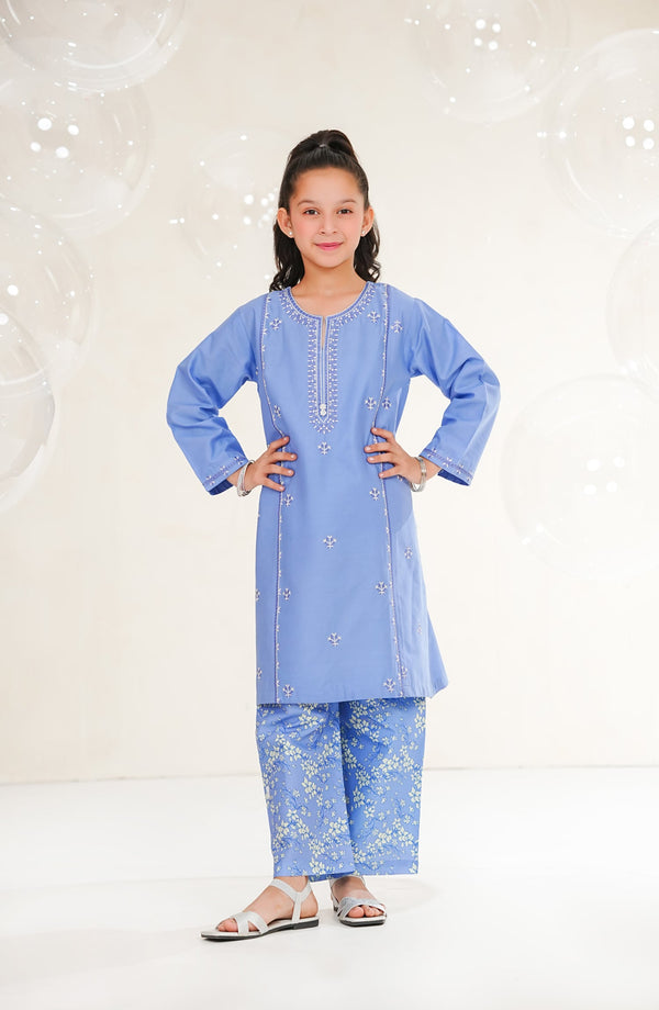 Amna Khadija Guriya Embroidered Cotton Stitched 2 Piece Suit - AKG-06 - AM25GRY - Blue - Girls Collection