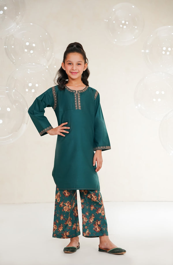 Amna Khadija Guriya Embroidered Cotton Stitched 2 Piece Suit - AKG-08 - AM25GRY - Green - Girls Collection