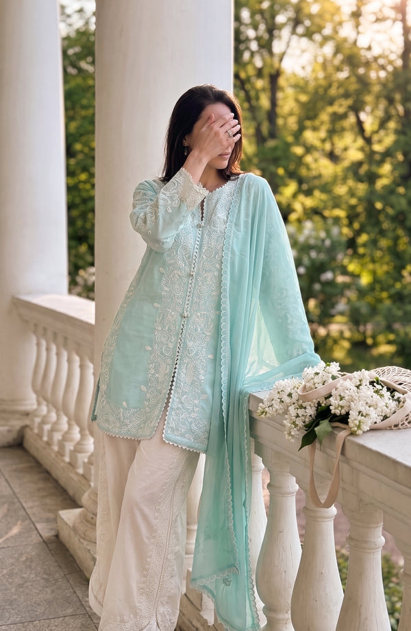 Amna Khadija Joy Ishqia Embroidered Lawn Stitched 3 Piece Suit - JOY-02 - JYQ26 - Light Ferozi - Summer Collection