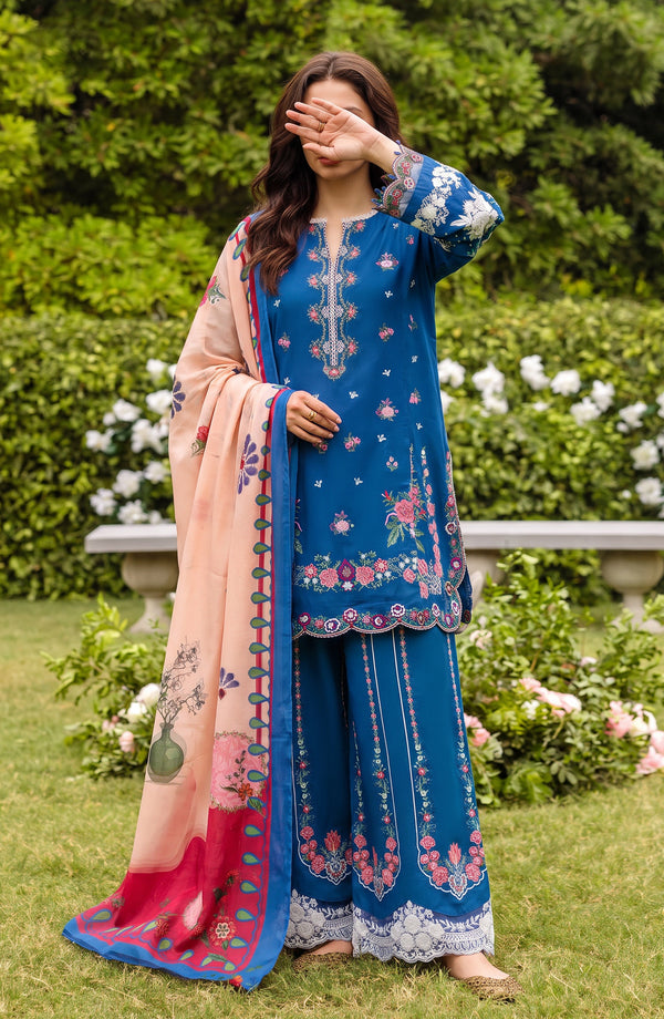 Amna Khadija Joy Ishqia Embroidered Lawn Stitched 3 Piece Suit - JOY-03 - JYQ26 - Blue - Summer Collection