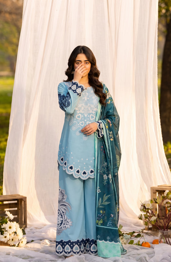 Amna Khadija Joy Ishqia Embroidered Lawn Stitched 3 Piece Suit - JOY-04 - JYQ26 - Sky Blue - Summer Collection