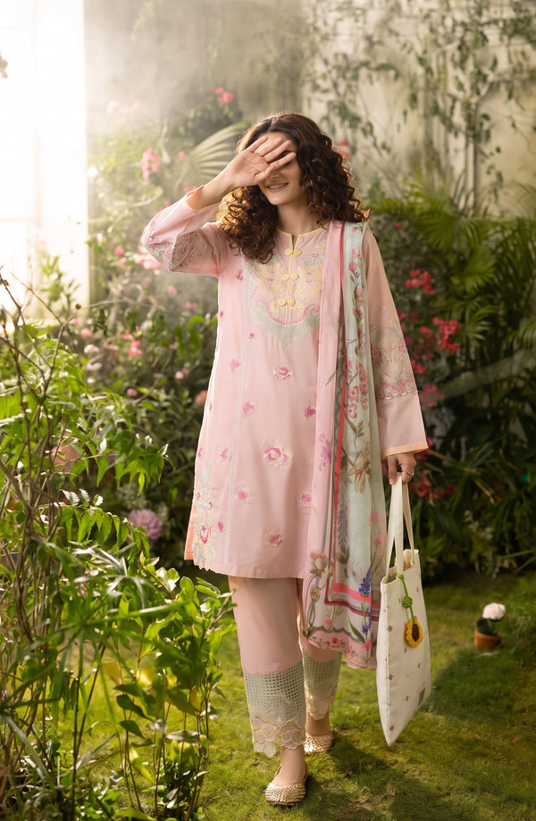 Amna Khadija Joy Ishqia Embroidered Lawn Stitched 3 Piece Suit - JOY-07 - JYQ26 - Pink - Summer Collection