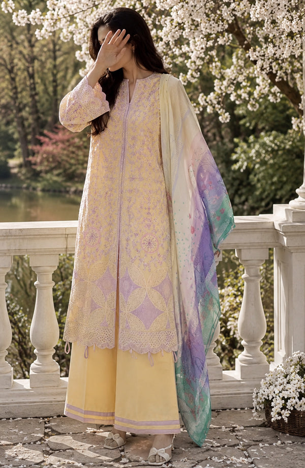 Amna Khadija Joy Ishqia Embroidered Lawn Stitched 3 Piece Suit - JOY-08 - JYQ26 - Yellow - Summer Collection