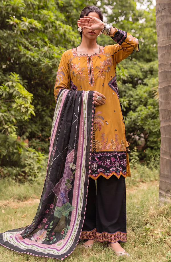 Amna Khadija Joy Ishqia Embroidered Lawn Stitched 3 Piece Suit - JOY-09 - JYQ26 - Mustard - Summer Collection